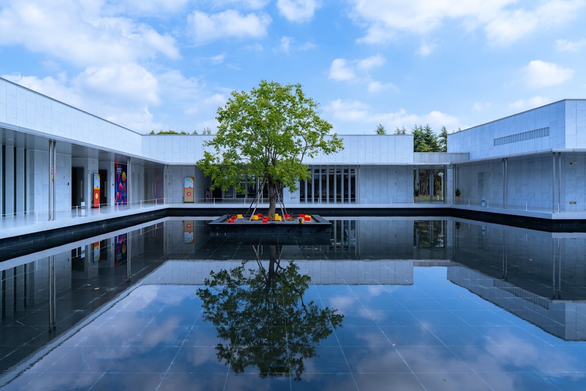 Aerial view of courtyard with reflecting pool and geometric paving