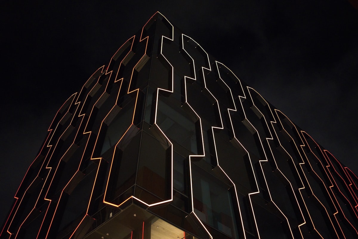 Lumina Gallery exterior at dusk with glowing interior visible